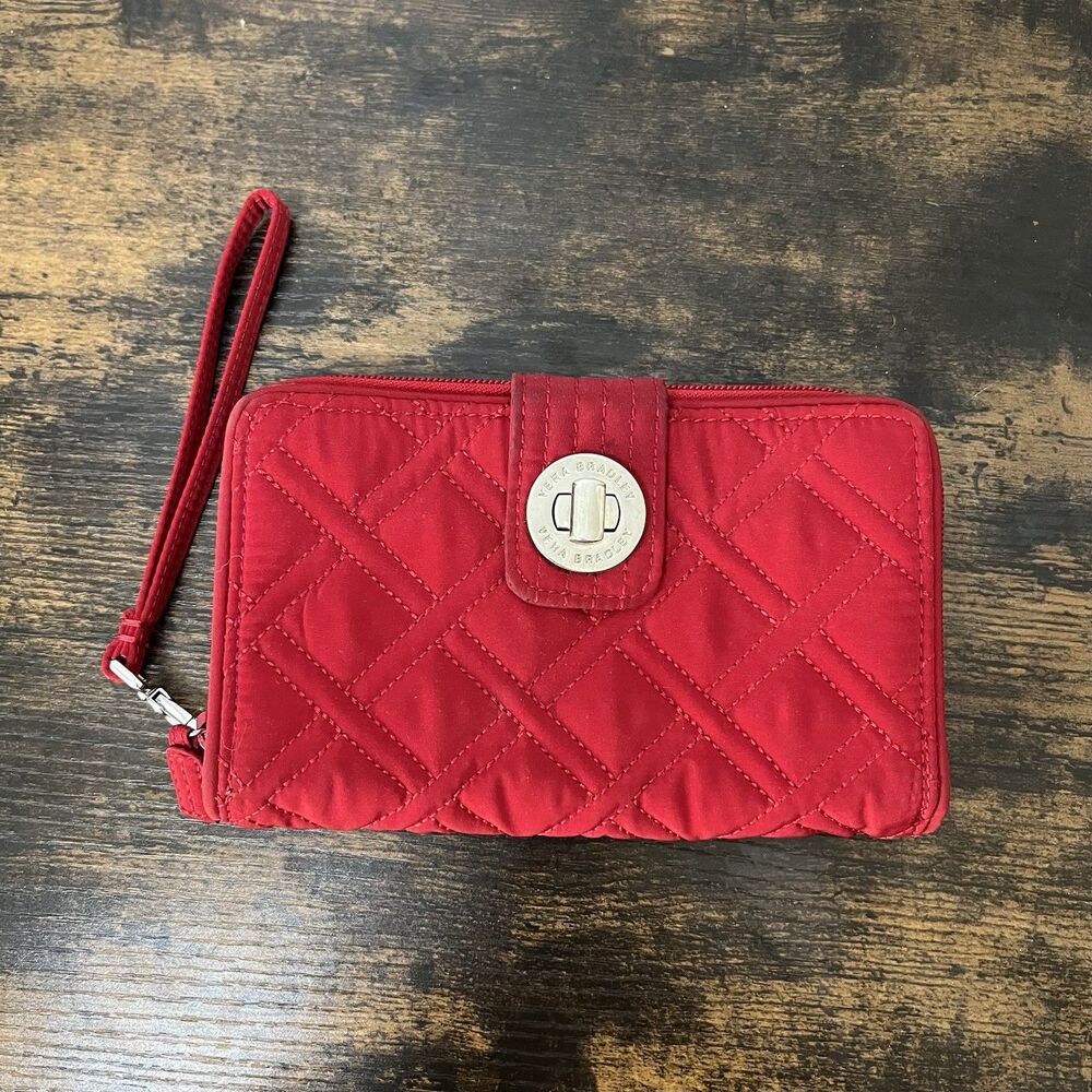 Vera Bradley RFID Turnlock Zip Organizer Wallet Red Microfiber w/ Wrist Strap